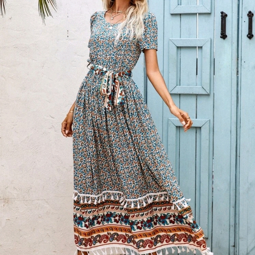 Women's blue floral boho maxi dress